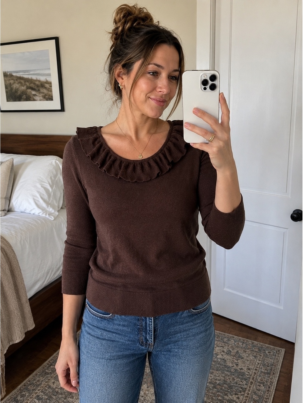 Lauren Ralph Lauren Silk Cashmere Ruffle Neck Sweater Brown Women's Medium